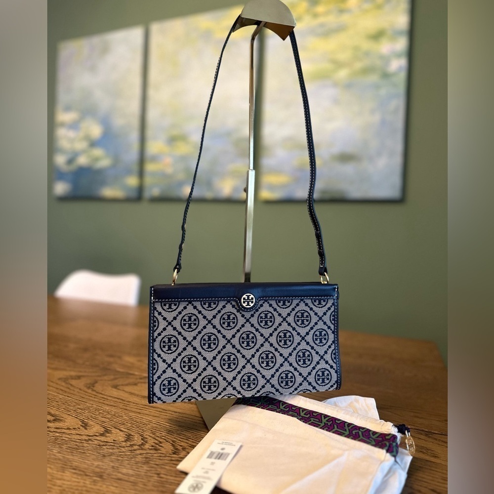 NWT! NEW! Tory Burch T Monogram Jacquard Mini Pouchette Navy 2 in 1 Shoulder Bag - Picture 3 of 16
